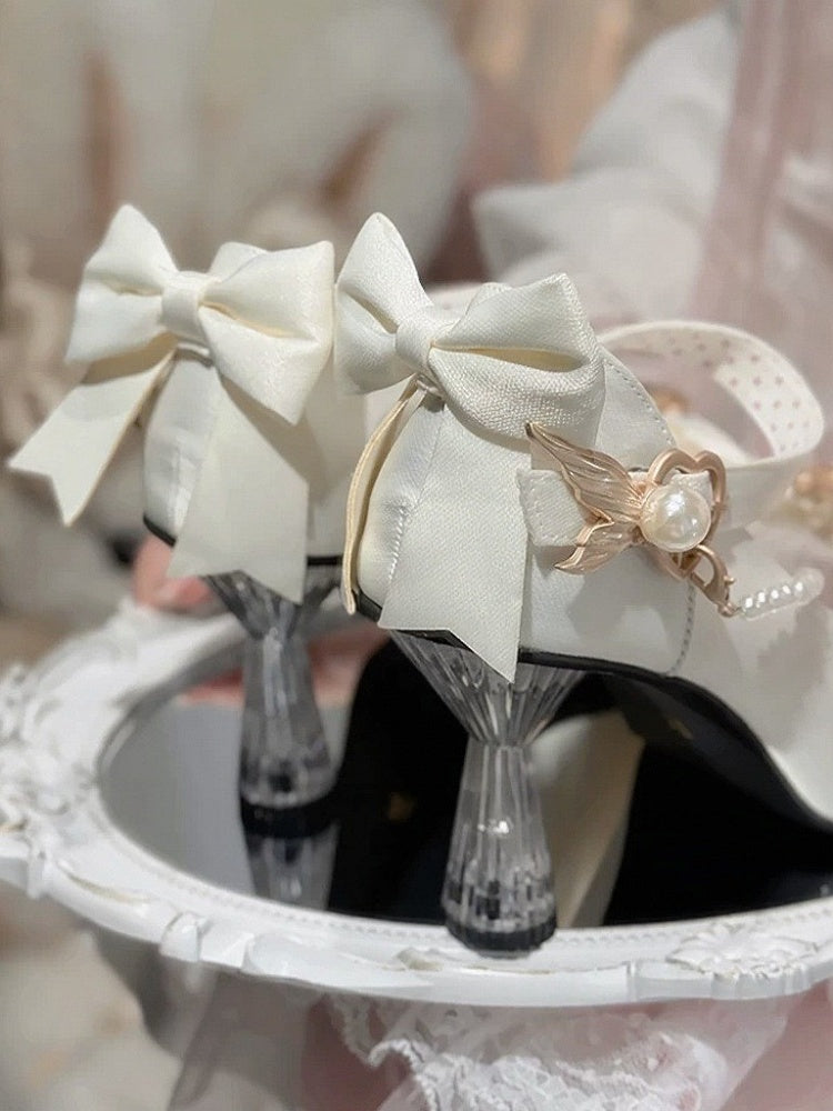White Mermaid Lolita High 7cm Heels with Pearl Chain & Bowknot - Meng Ka Jiang