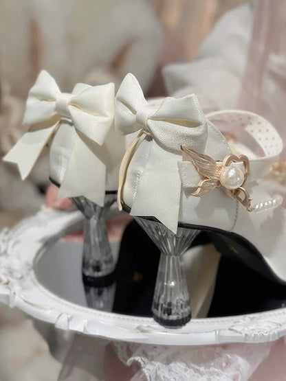 White Mermaid Lolita High 7cm Heels with Pearl Chain & Bowknot - Meng Ka Jiang
