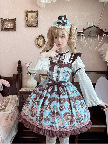 Lolita Dress Sleeves Vintage Teddy Bear Print Sweet  Flutter Mint Green JSK