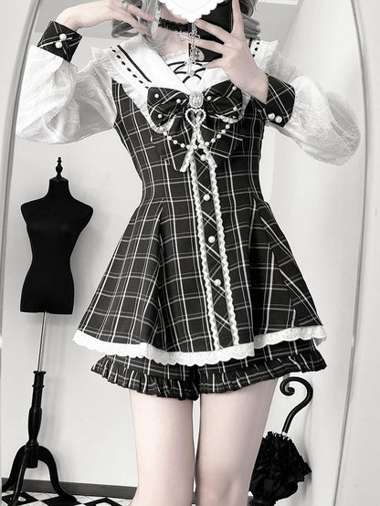 Jirai Tie Kei Sailor Plaid Dress Black Collar with Beaded Shorts Bow - Sleeves Long and Mini Set