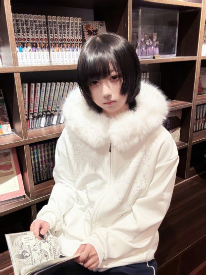 Zip Dolphin-Print White Landmine Hoodie Style Fur-Collar
