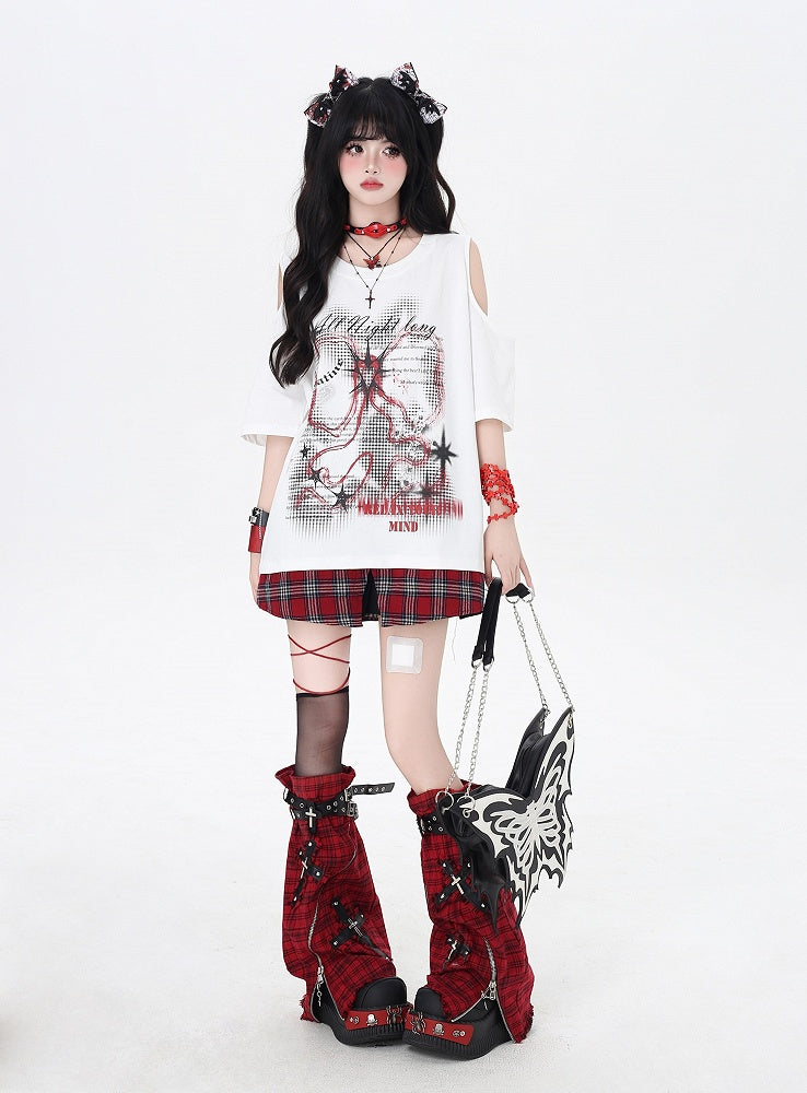 レッドネック、チェック柄ヘム、ホワイトカットアウトショルダー、グラフィックTシャツ、ラウンド