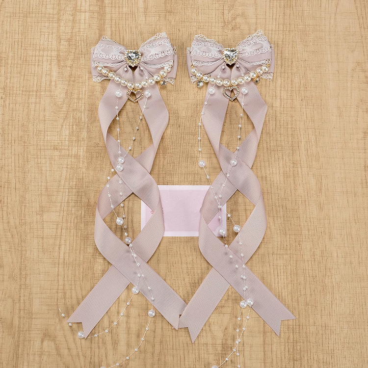 Rhinestone Bow Hairclips with Beaded Chains 5 Colors Jirai Kei Heart