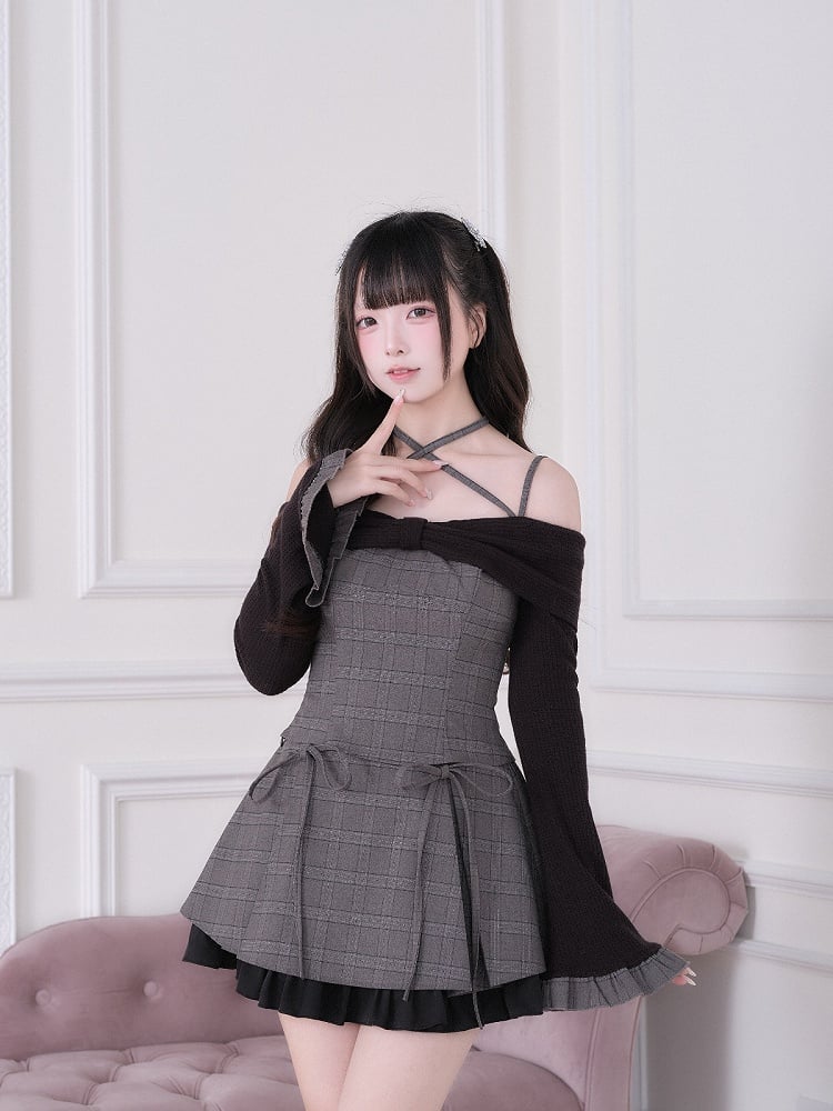 Jirai Set Crisscross Skirt Top Plaid + Off-Shoulder Gray Design Black Bow Long Ruffled With Sleeve Strap Kei