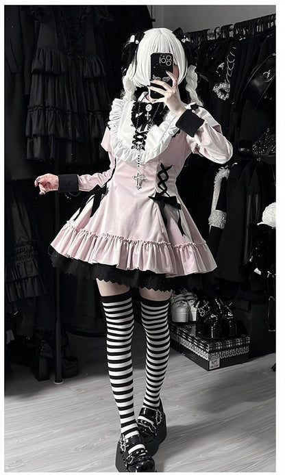 Accents Lacing Bow Lolita Juliette with and Pink Gothic Sleeves Dress
