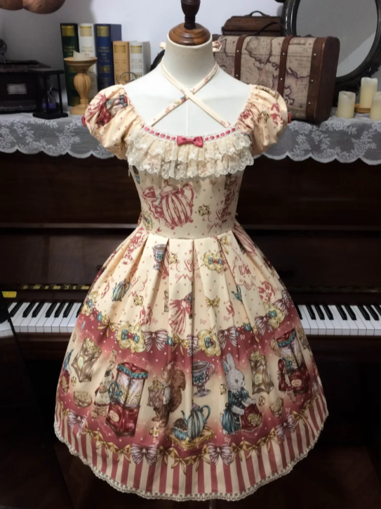 Beige Short Sleeve Halter Lolita OP Dress with Popcorn Bear Theme & High Waist, Long/Short Version - Sweet Dream