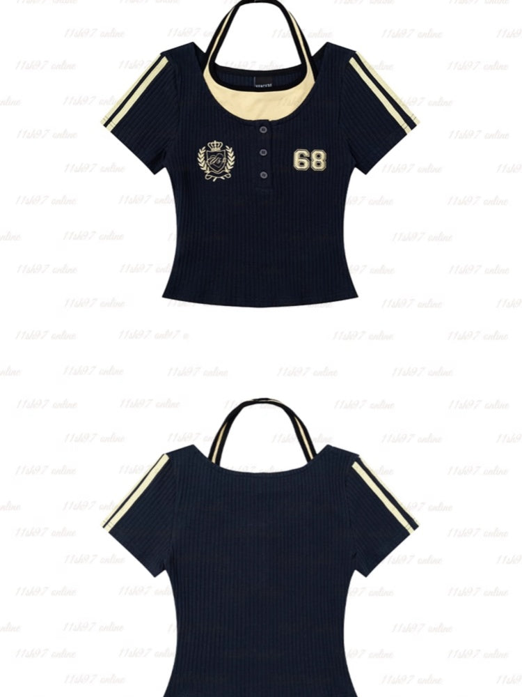 クロップドTシャツ ネイビーブルー ホルターネック グラマラス ツーピース フェイク