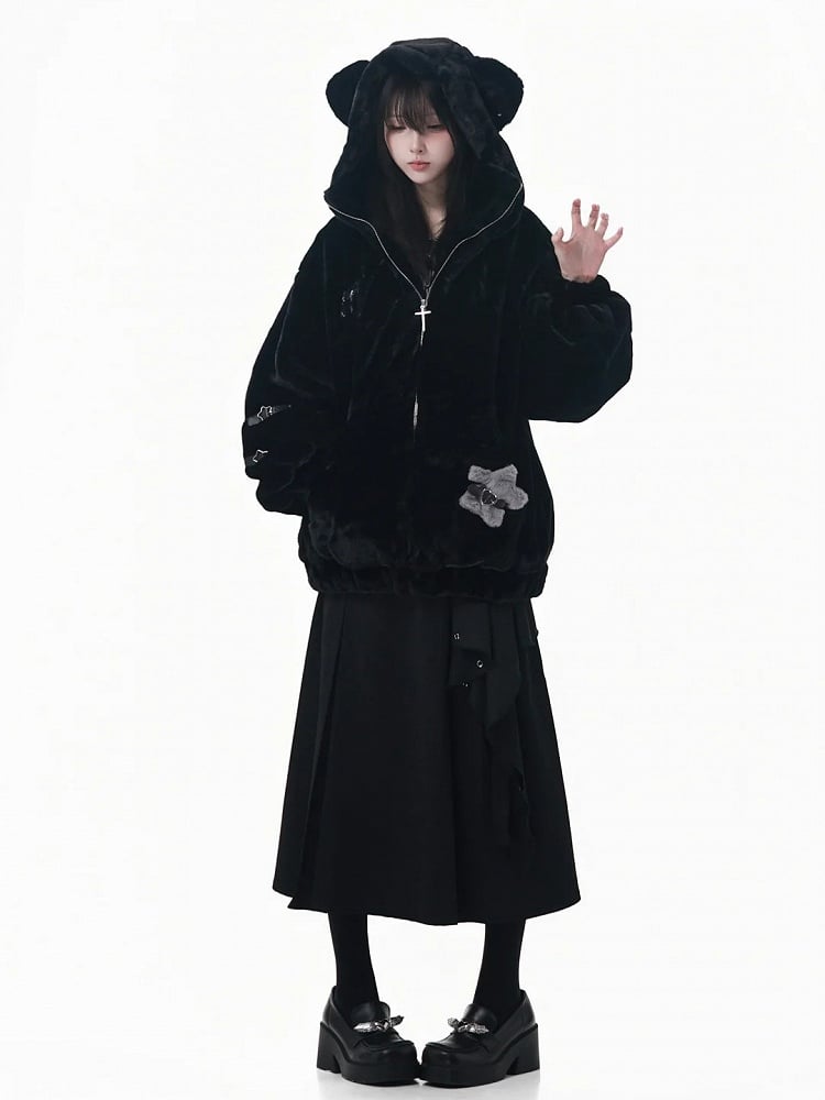 Hooded with Bear Ear Plush Embroidery Black/White Buckle Strap and Lined Pin Accents Coat