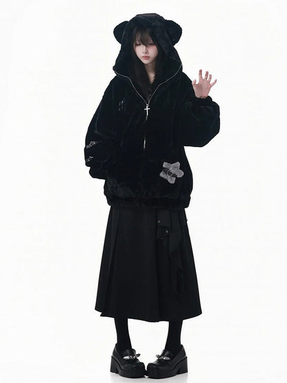 Hooded with Bear Ear Plush Embroidery Black/White Buckle Strap and Lined Pin Accents Coat