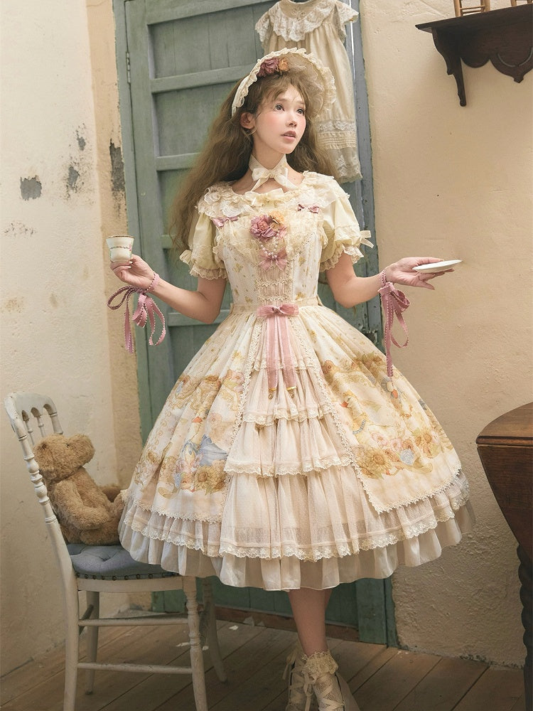 Sweet Light Print Jumper Beige Skirt Farm Sunflowers and Lolita Ducks