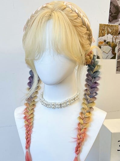 Rainbow Yellow Ponytails Wig Synthetic With + Curtain Braided Double Bangs
