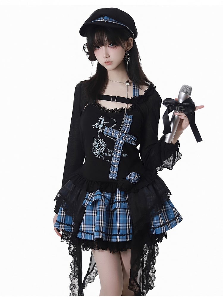 Print Design Schmetterling Taschentuch Saum Idol Blau Plaid Criss-Cross Neckholder Top Schwarz und Rose