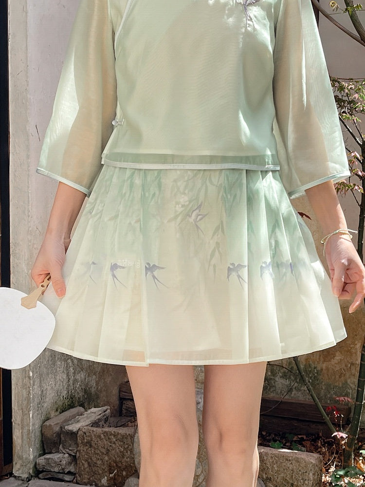 Green Willow and Swallow Print Cheongsam Light Style