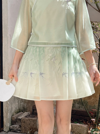 Green Willow and Swallow Print Cheongsam Light Style