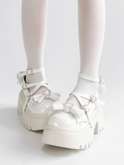 White Heart Platform Fastener Sweet Lolita Bow High Block with in Design Heels Accents Crisscross