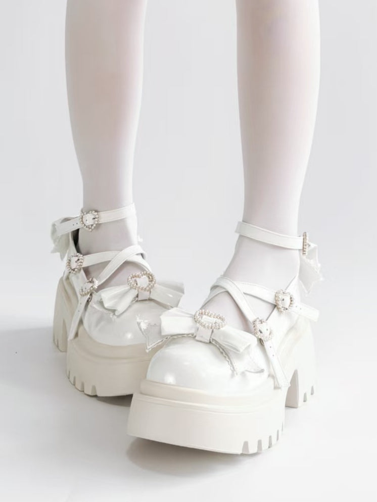 White Platform High Heels with Heart Buckle and Bow - Rainie Dream