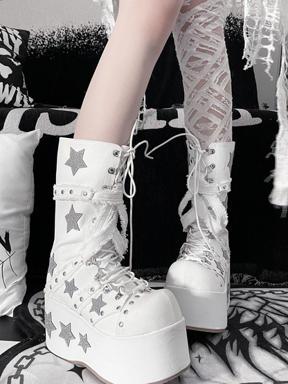 Klobige Plateaustiefel mit glänzender Schrift, weiße Absätze, wadenlang, Schnürung, Gyaru Star