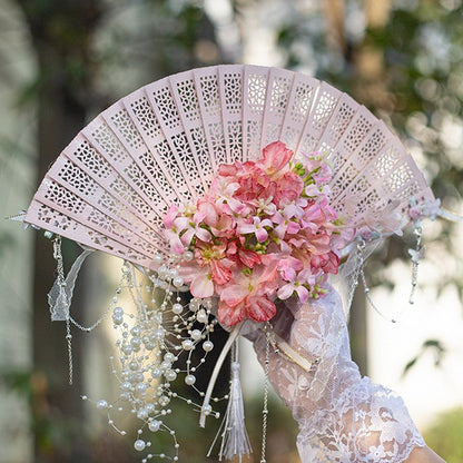 Charm Faltbarer Perlenfächer, Blumenmuster, Lila/Grün/Rosa/Gelb