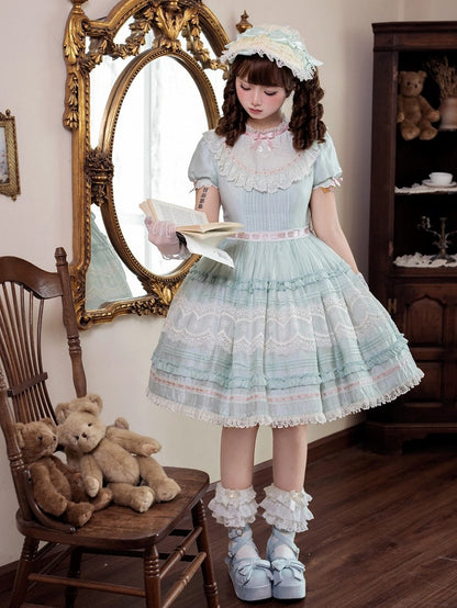 Short Mint Green Puff Sleeve Lace Trim Elegant Lolita Dress - Pumpkin Planet