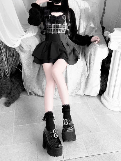 Landmine Mink Knit: Plush in Soft Open-Bust Gray Plaid Style Black Sweater