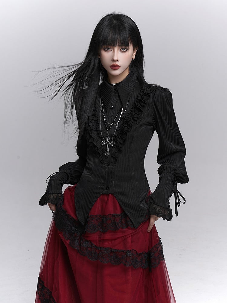 Design with Blouse Black Bishop Striped Sleeves Gothic Triangular Slit