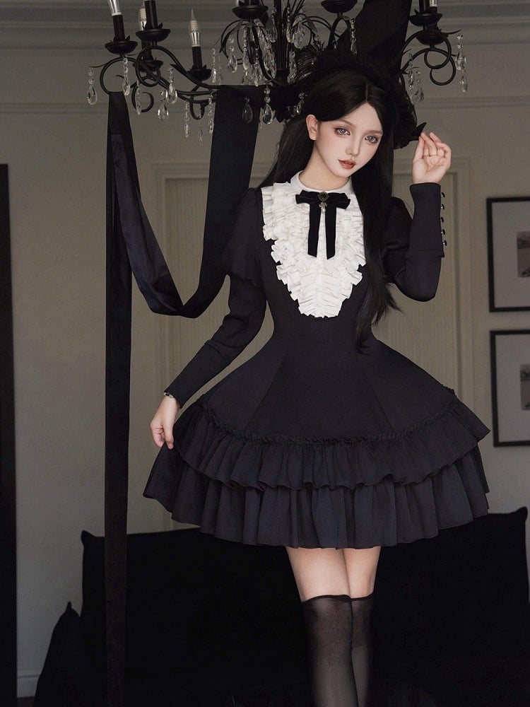 White Ruffles Bodice Black Long Juliette Sleeves Lolita Slimming Dress