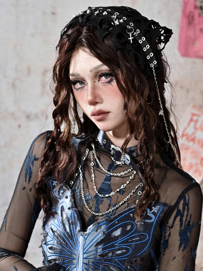 グランジ パンクロック ブラック スタッズ メッシュ トライアングル スカーフ KC クロスチャーム チェーンディテール