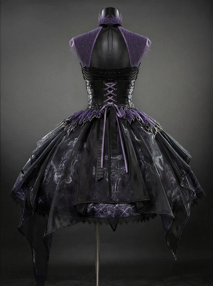 Black & Purple Bone Dragon Embroidery Halter Neck Gothic Lolita Dress Set - Ying Luo Fu