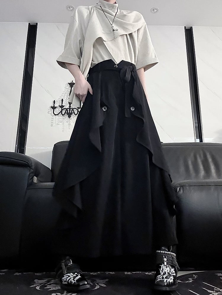 Wide-Leg Black with High-Waisted Lolita Ruffle Trim Ouji Pants Skirt