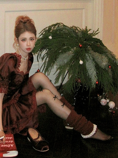 ビーズ付きフリル袖口ニットレッグウォーマー