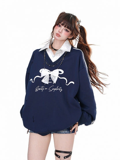 Marineblaues zweiteiliges Sweatshirt mit Polokragen und abnehmbarer Schleife
