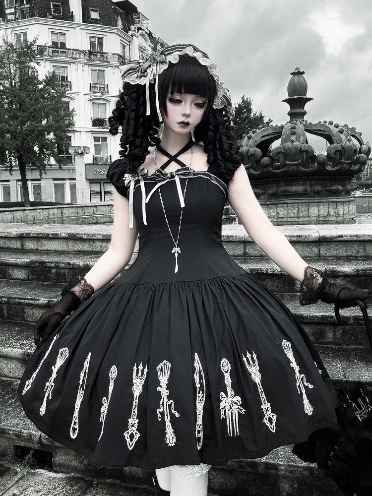 Cutlery Embroidered Short Sleeve Gothic OP Dress in Black with Halter Neckline - Vivian's Diary