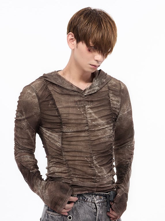Brown Wasteland Punk Long Sleeve Top - Ruched Detail & Thumbhole Cuffs
