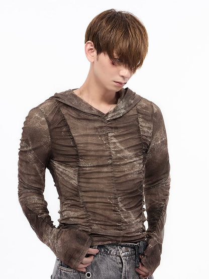 Brown Wasteland Punk Long Sleeve Top - Ruched Detail & Thumbhole Cuffs