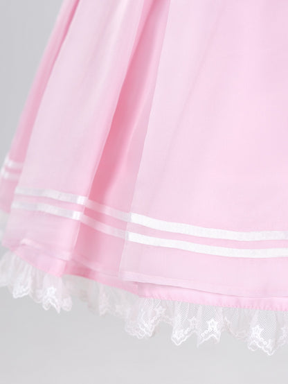 Star Lace Trimmed Sailor Collar Short Sleeves Pink Lolita-inspired Casual Dress with Free Bowtie - Magical Girl - DevilInspired Exclusive Collection