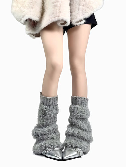 オフホワイト/グレー/ブラック ニットカフス プラッシュレッグウォーマー