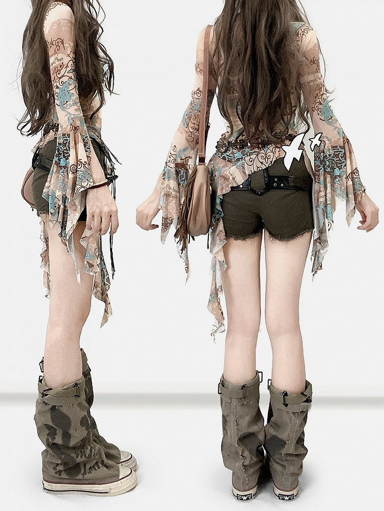 Design Neckline Print Cascading Accents Asymmetrical Long Ruffle Top Khaki Sleeves