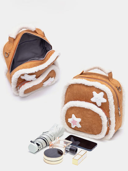 Chic 2-Way Small-Sized Brown Backpack With Plush Trim And Fuzzy Star Accents