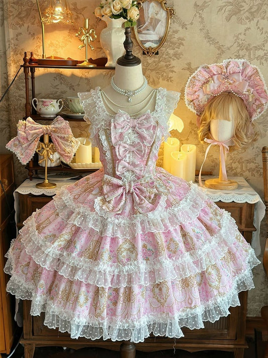 JSK Floral Chandelier and Accents Bow with Crystal Pink Lolita Print