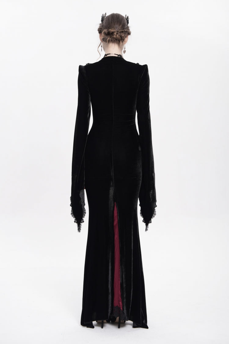 Black and Red V-Neck Long Trumpet Sleeves Floral Embroidered Velvet Gothic Dress