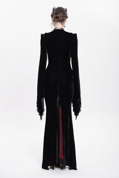 Black and Red V-Neck Long Trumpet Sleeves Floral Embroidered Velvet Gothic Dress