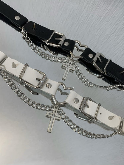 Schnallen Nieten Choker Kreuz Anhänger Schwarz/Weiß Punk Details Design