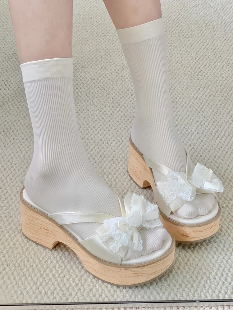 Top Platform Heart - Accent Slippers Bow Off-white Grain Wood with Lolita
