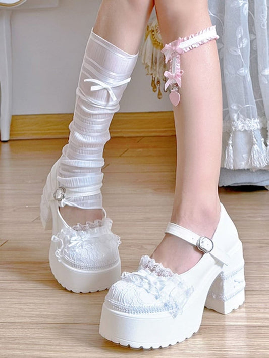 Off-White Lolita Mary Janes - Elegant 9.5cm Block Heel with Bow & Lace