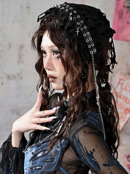 グランジ パンクロック ブラック スタッズ メッシュ トライアングル スカーフ KC クロスチャーム チェーンディテール