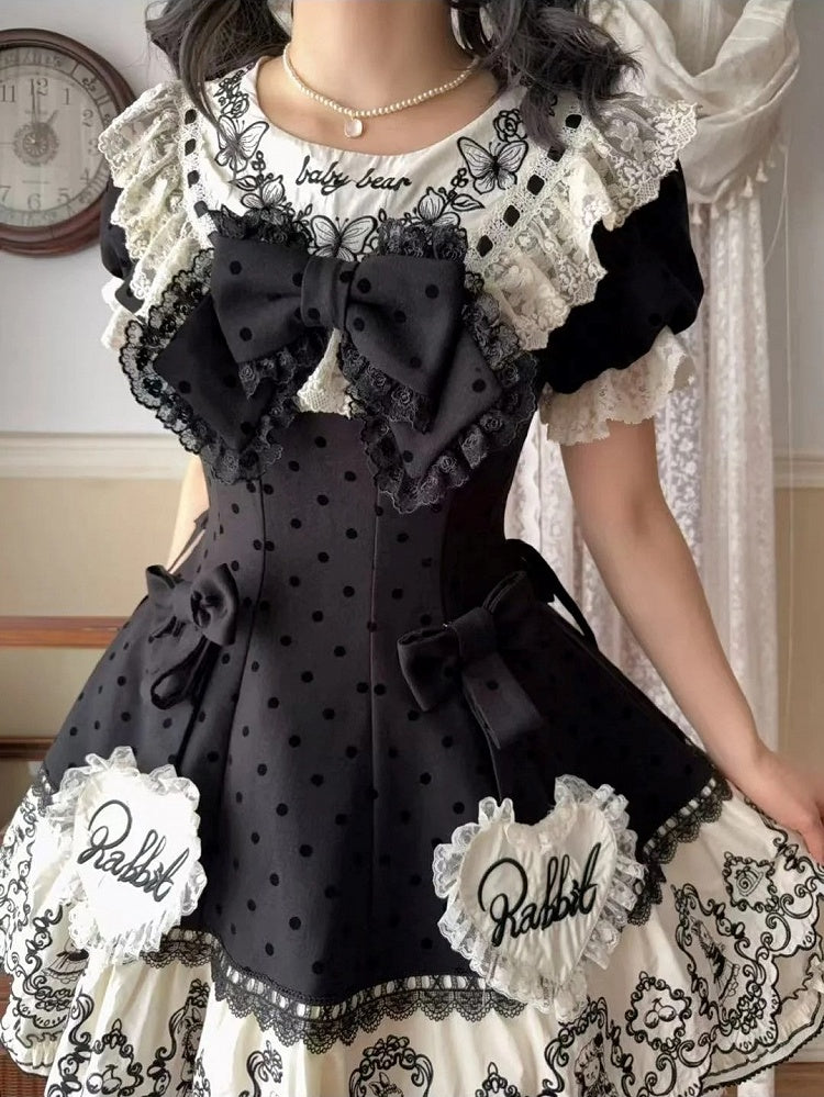 Dress Appliques Rabbit Lace-Trimmed Pattern Sweetheart Black Lolita Polka Sweet with Dot