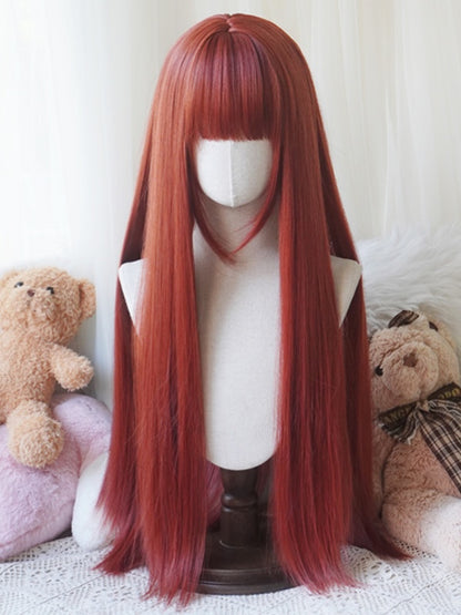 Karamell/Blond/Orange/Schwarze, hüftlange, glatte Perücke mit vollem Pony