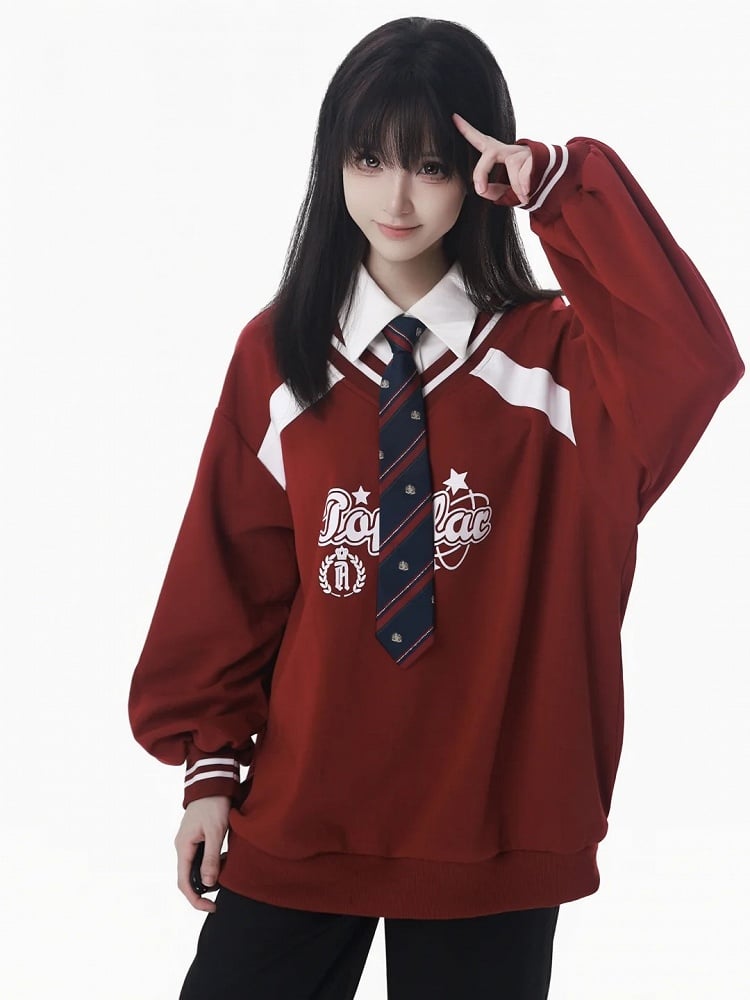 with Collegiate Version Faux Wine Long/Short Blue Star Sweatshirt Red/Navy Two-Piece Print in