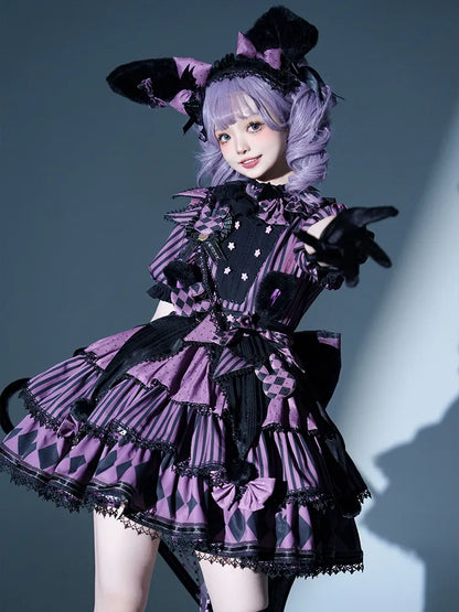 Sweet Pattern Striped Theme Circus Kuromi Vibes Lolita Bunny Purple Dress OP