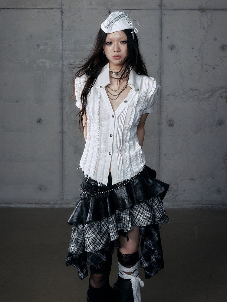 Blouse Wasteland Pleats Punk Short Sleeve White Distressed with Pintuck V-Neck